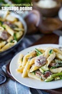 A creamy, flavorful cream sauce, a top penne, with summer sausages and your favorite green summer vegetables. This CREAMY SUMMER VEGGIE & SAUSAGE PENNE is sure to be a hit!