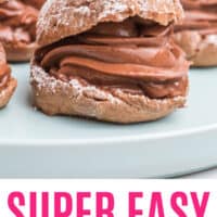 super easy chocolate cream puffs on a plate with recipe name at the bottom