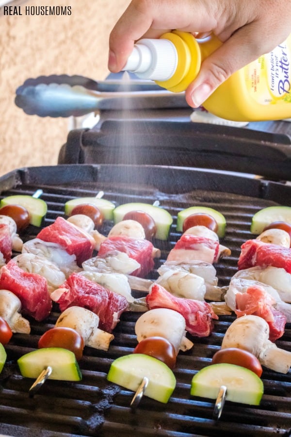 surf and turf kabobs on a grilling sprayed with I Can’t Believe It’s Not Butter! Original Spray