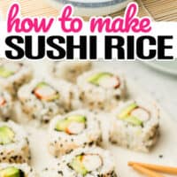 top image of sushi rice in a serving bowl with a rice paddle, bottom california roll pieces on a platter. In the middle of the two images is th title of the post in pink and black lettering