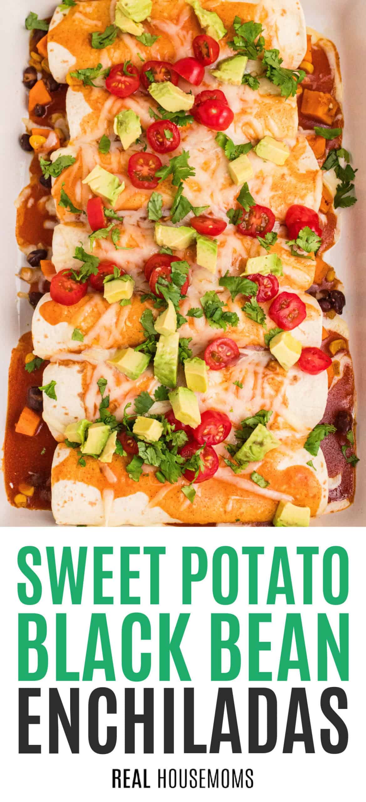 sweet potato black bean enchiladas in a baking dish with recipe name at the bottom
