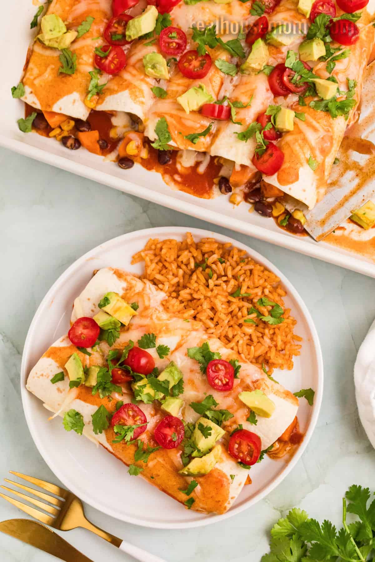 two sweet potato black bean enchiladas on a small plat with mexican rice next to the baking dish