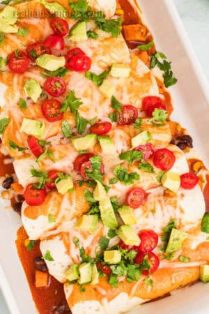 sweet potato black bean enchiladas topped with diced avocado, tomatoes, and chopped cilantro in the baking dish