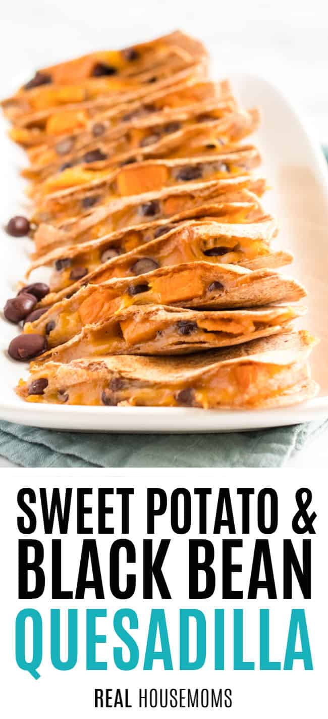 sweet potato and black bean quesadilla sliced and stacked on a serving platter