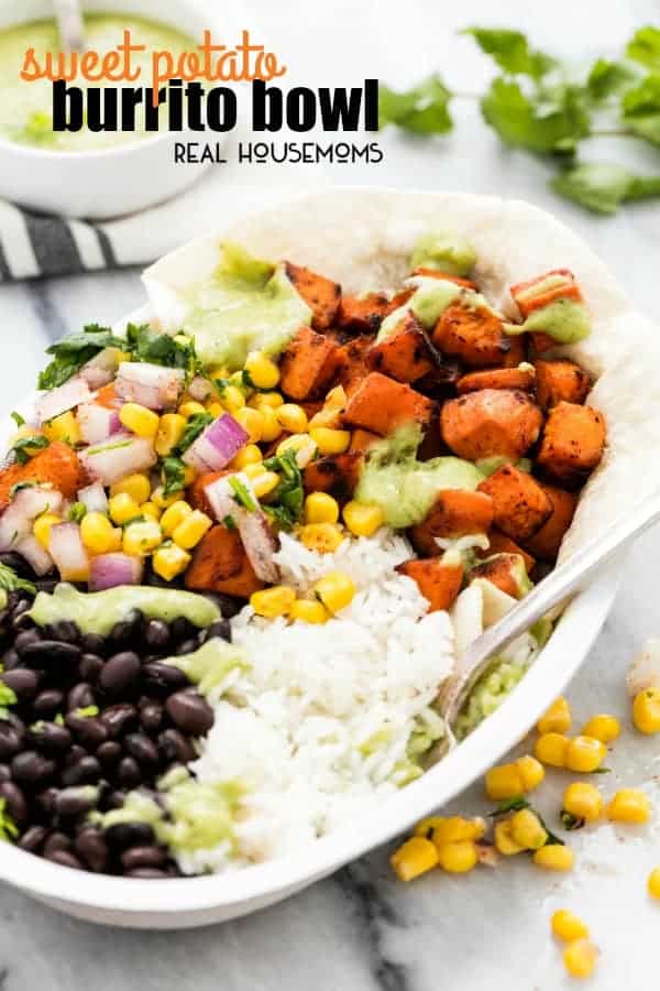 Easy and healthy Sweet Potato Burrito Bowls are full of fresh veggies and bold Tex-Mex flavors the whole family will love!