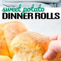 top image angled view of sweet potato dinner rolls in a baking dish , bottom image hand pulling a sweet potato dinner roll from the baking dish showing the fluffy inside in the middle of the two images is the title of the post in green and black lettering