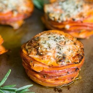 Sweet Potato Stacks make a fantastic fall side dish because the thinly sliced sweet potatoes coated in coconut oil cook up in just minutes!