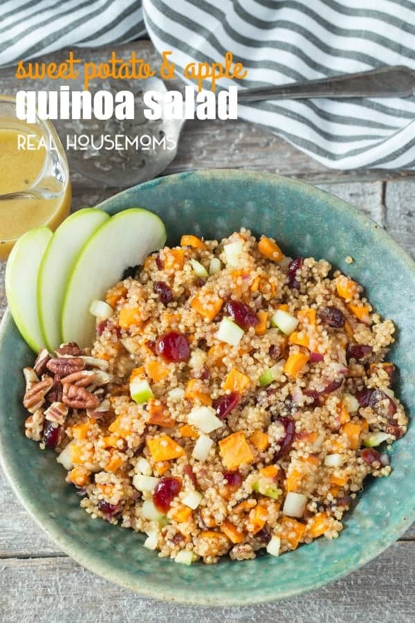 This tasty SWEET POTATO AND APPLE QUINOA SALAD is full of flavor and makes the perfect vegetarian side dish for dinner or holidays!