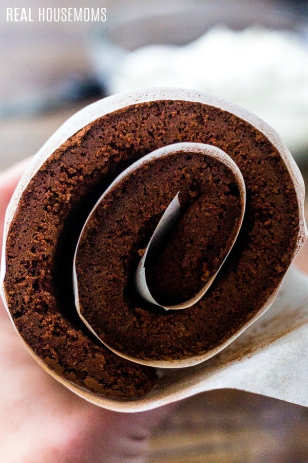 chocolate sponge cake rolled up to make a swiss roll