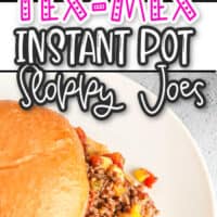 collage of Tex-Mex instant pot sloppy joes, top picture close up of sloppy joes on a spoon, bottom pic close up of sloppy joes sandwich on top of a white dish