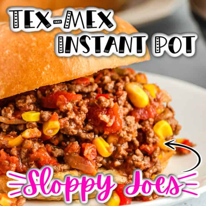 square image of Tex- Mex Instant Pot Sloppy Joes on a white plate 