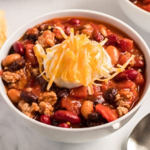 Three Bean Turkey Chili is a hearty, budget-friendly protein-packed meal!