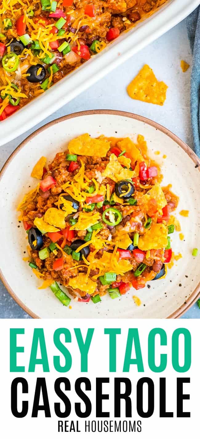 taco casserole in baking dish with one servin on a dinner plate