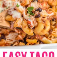 spoonful of taco mac and cheese pasta bake from the baking dish with recipe name at the bottom