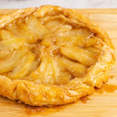 square angled image of tarte tatin on a cutting board