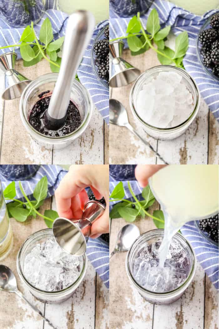 blackberries muddled in a mason jar, jar filled with ice, jigger pouring tequila into mason jar, lemonade being poured into mason jar over ice