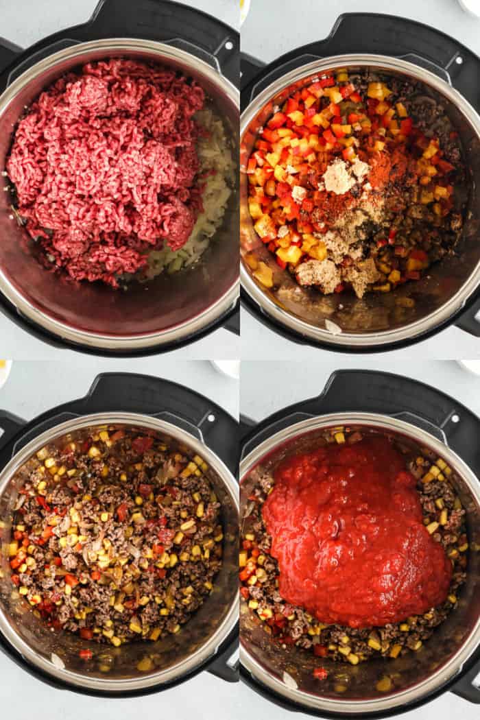 ground beef in an instant pot, cooked ground beef wtih veggies and seasoning in instant pot vessel, everything stirried together, tomato sauce poured into instant pot with other ingredients