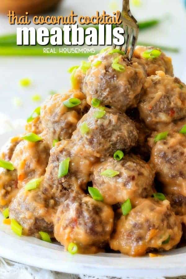 Tender & juicy Thai Coconut Cocktail Meatballs are simmered in the most tantalizing creamy, tangy coconut chili sauce that everyone will go crazy for!  Perfect make ahead appetizer for stress-free entertaining!