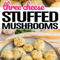 top picture is a pile of three cheese stuffed mushriooms with garnish, bottom is three cheese stuffed mushrooms on a dinner plate