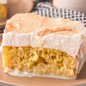 square image of a slice of tres leches cake on a plate