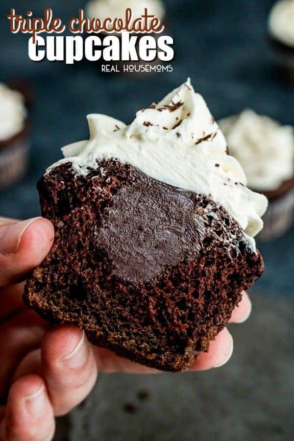 These decadent Triple Chocolate Cupcakes are filled with a creamy chocolate ganache and topped with a luscious white chocolate frosting!