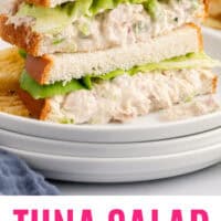 tuna salad sandwich cut in half and stacked on a plate with recipe name at the bottom