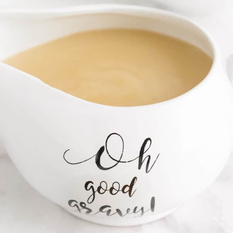 square image of turkey gravy in a gravy boat with "oh good gravy!" on the side