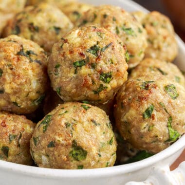 square image of turkey meatballs in a serving bowl