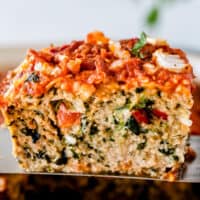 square image of a slice of turkey meatloaf on a spatula