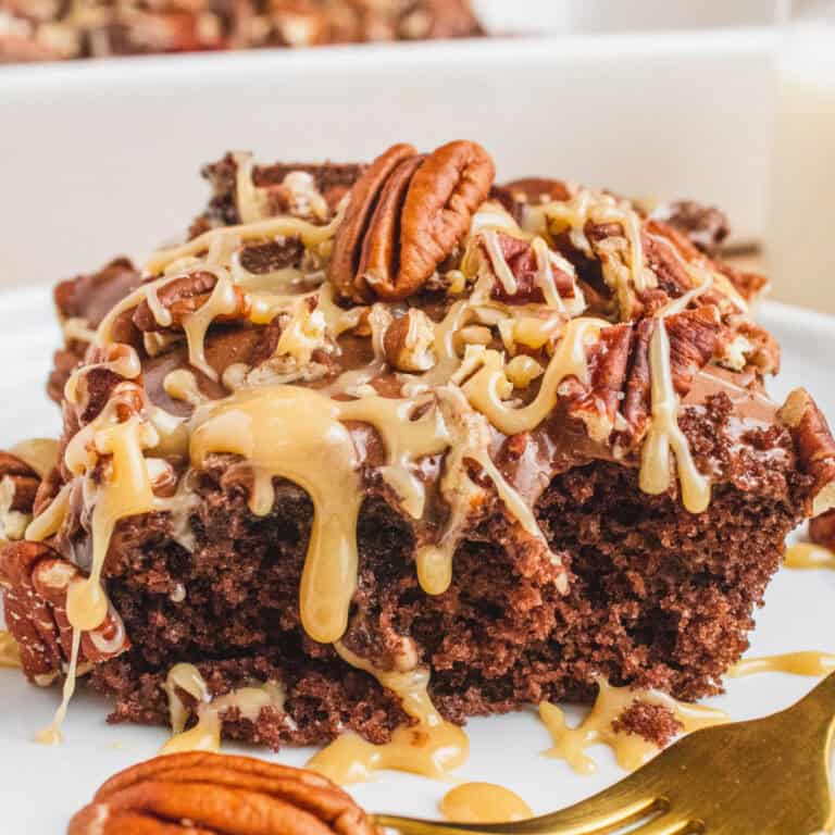 square image of turtle poke cake on a plate