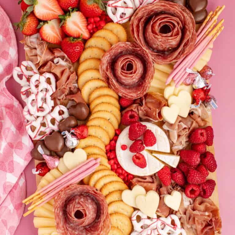 square image looking down at a valentines charcuterie board