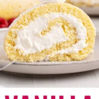 slice of vanilla swiss roll on a plate with recipe name at the bottom