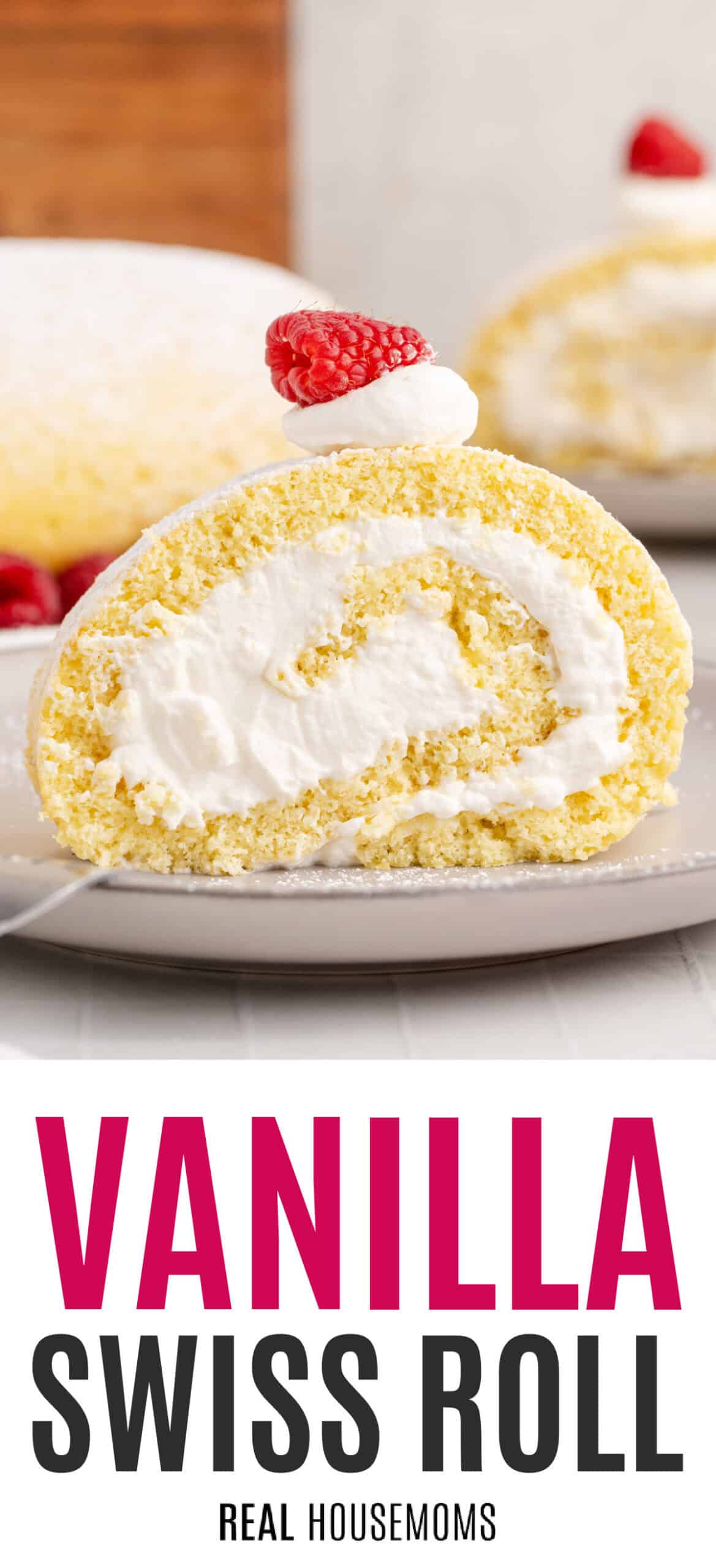 slice of vanilla swiss roll on a plate with recipe name at the bottom