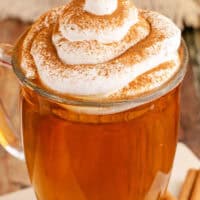 close. up image of warm apple pie cocktail with cinnamon sticks next to the cup with another cider in the background