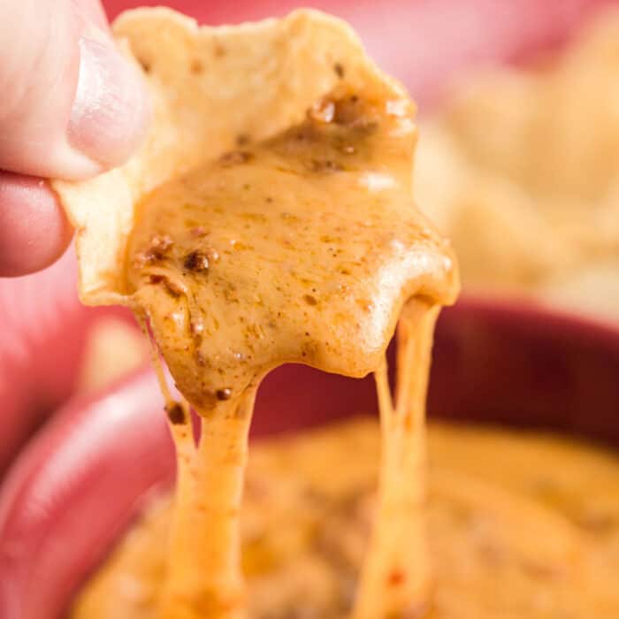 square image of a tortilla chips scoop with chorizo beer cheese