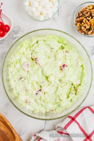 watergate salad in a glass bowl after chilling