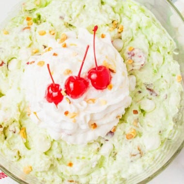 square image top down image of watergate salad in a serving bowl