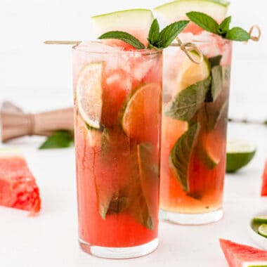 square image of watermelon mojitos in tall cocktail glasses
