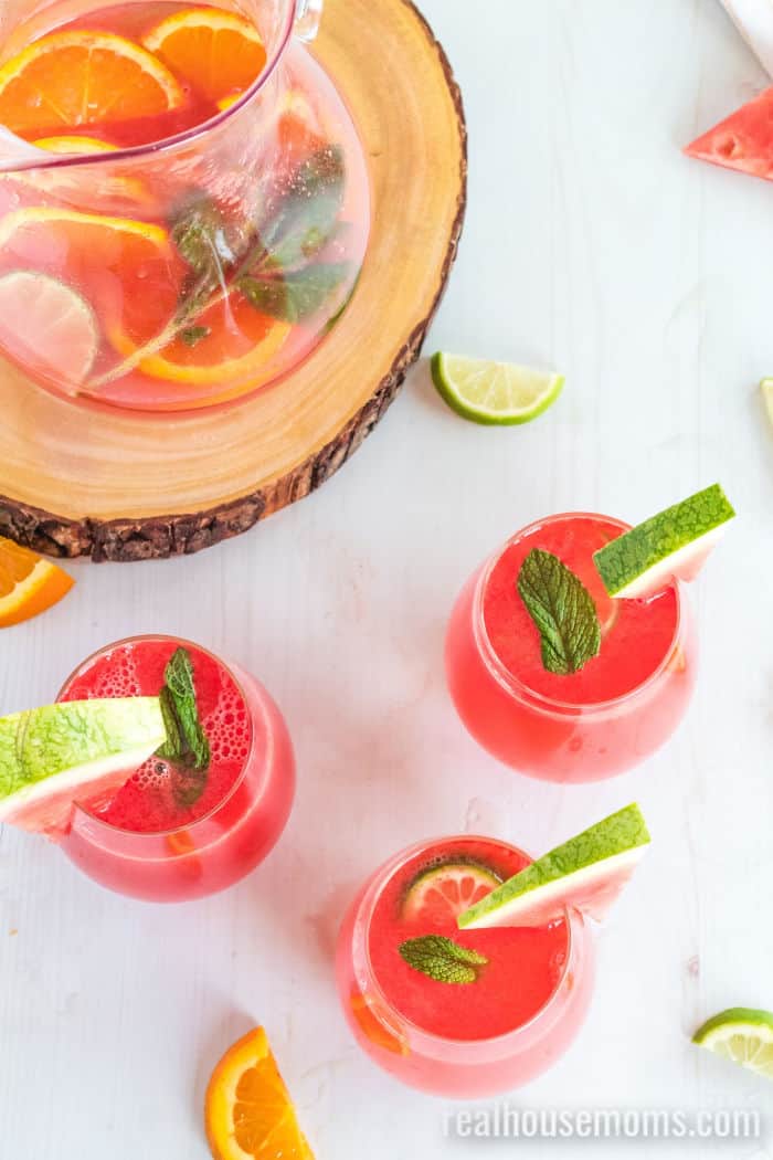 Watermelon Sangria Recipe in glasses on a tray for serving
