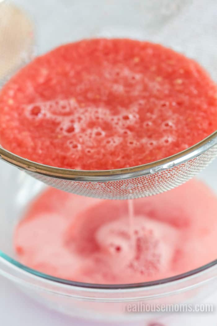 Blended Watermelon poured through a strainer.