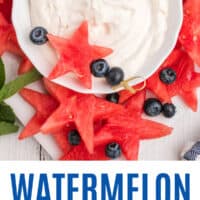 watermelon stars and fruit dip on a platter with recipe name at the bottom