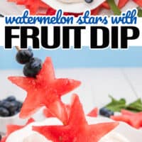 top picture is a bowl of dip with watermelon stars round it, bottom picture is a watermelon stars being dipped in the fruit dip