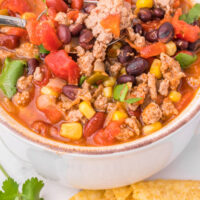 weight watchers taco soup in a bowl with recipe name at the bottom