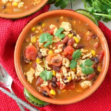 Weight Watchers Taco Soup served in soup bowl and garnish with cilantro