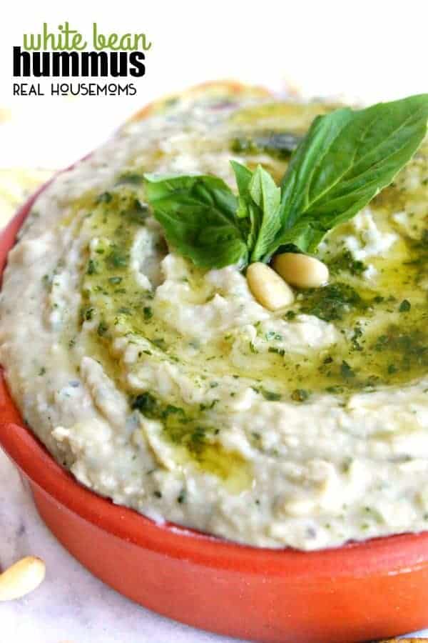 Creamy WHITE BEAN HUMMUS is made with fresh basil for a light summer flavor!