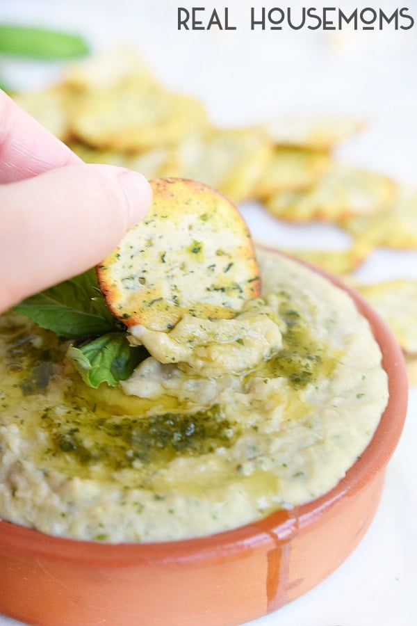 Creamy WHITE BEAN HUMMUS is made with fresh basil for a light summer flavor!