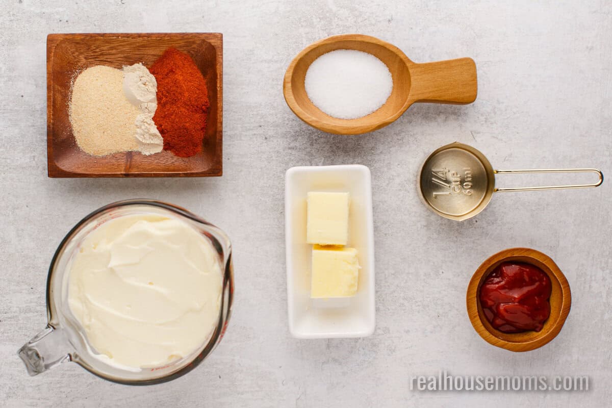 ingredients to make yum yum sauce laid out on a counter