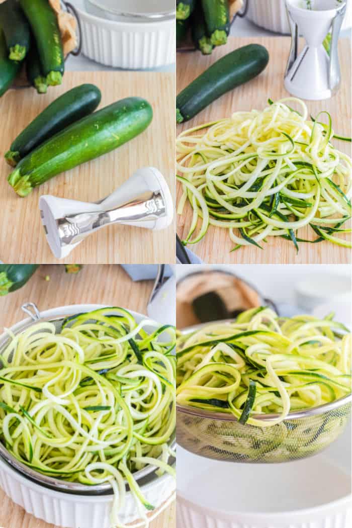 zucchini with a spiralizer, siral cut zucchini noodles, zoodles in a collander, collander being lifted to show liquid in bowl from zucchini