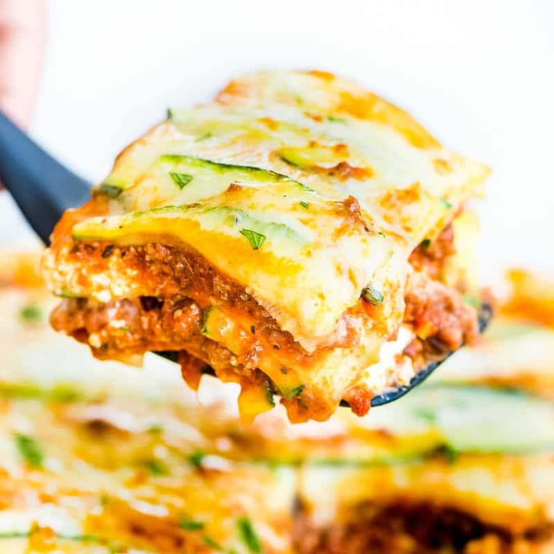 Zucchini Lasagna made with zucchini slices instead of pasta sheets, beef sauce, ricotta, and mozzarella cheese is low carb and gluten free!