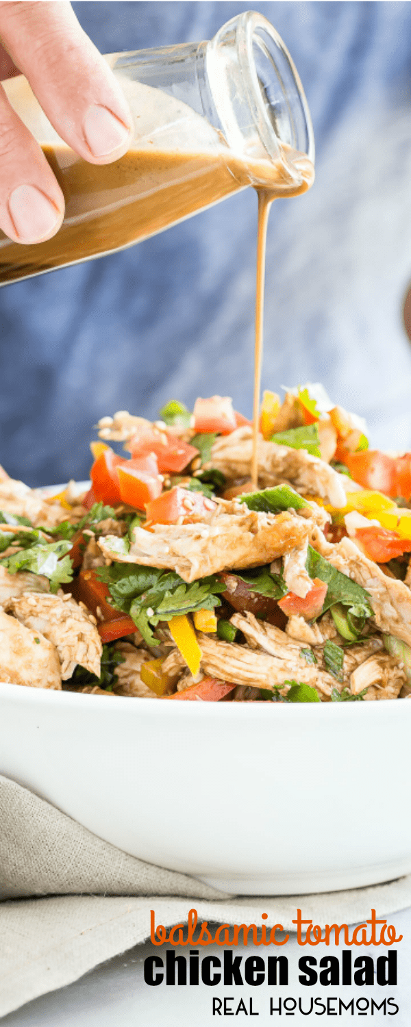 This BALSAMIC TOMATO CHICKEN SALAD is packed with simple fresh ingredients and takes less than 30 minutes to make! The perfect side for that summer backyard barbecue party!